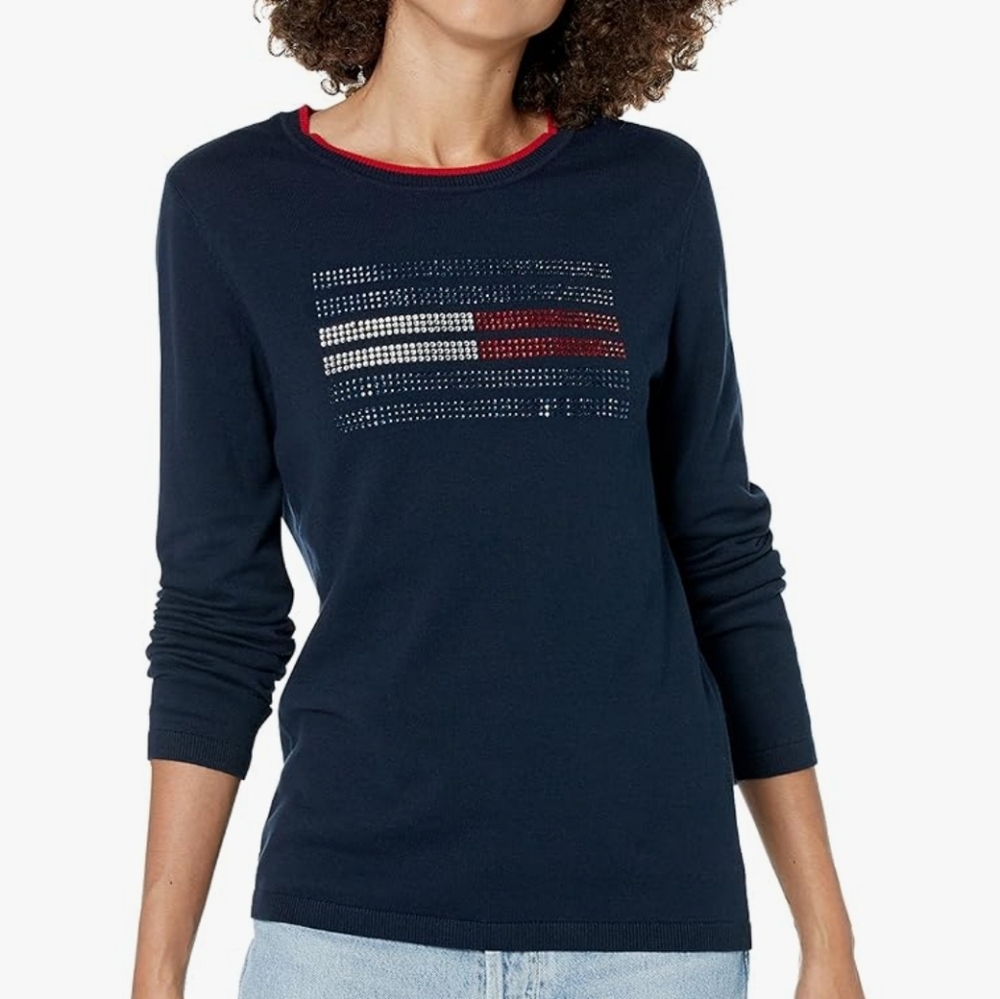 NWT Tommy Hilfiger Ivy Flag Sweater Blue Rhinestone embellished Women's L  $60